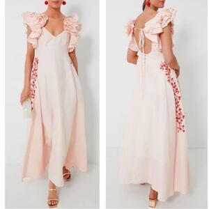 FANM MON Essen Ruffle Sleeve Floral Embroidered Linen Peach Pink Maxi Dress Sz L